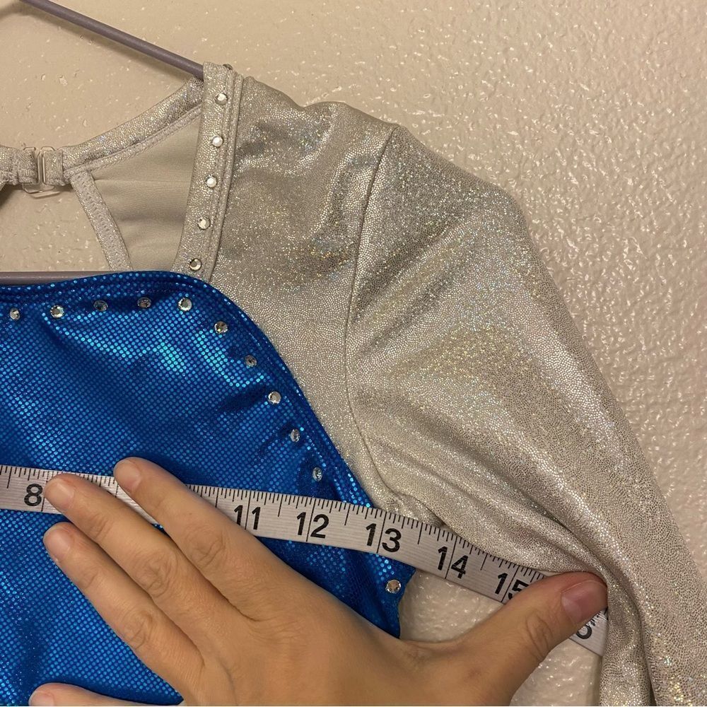 GK elite gymnastic competition leotard 3/4 long sleeve blue silver rhinestone SA - Picture 9 of 12